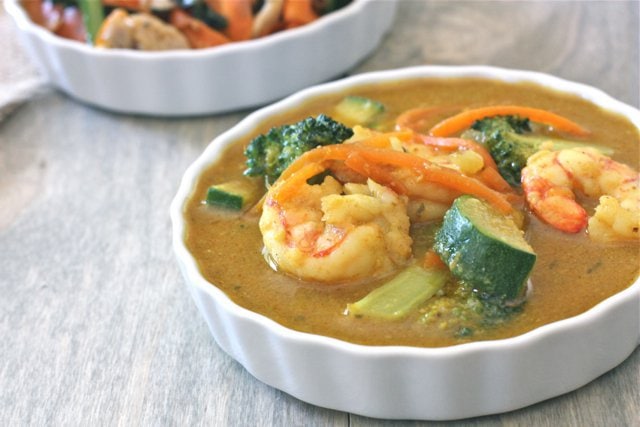 Delicious homemade yellow curry loaded with shrimp and vegetables.