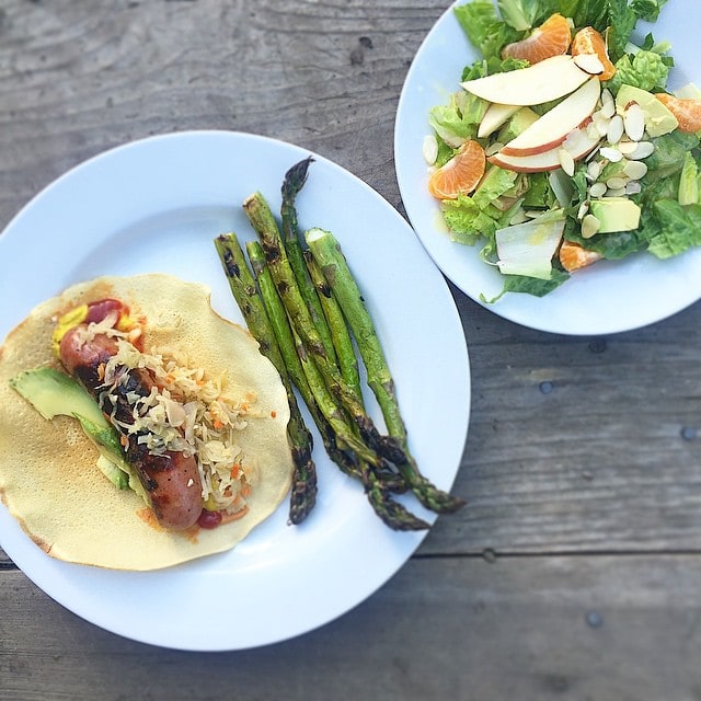 Easy_dinner._Organic_chicken_apple_sausage_in_my_wraps_w_kraut_and_avo._And_a_salad_with_clementines__avocado__apples__almonds_and_champagne_vinaigrette.__mealsmadesimple__againstallgrain__aageats__Paleo__grainfree