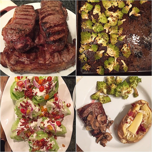My_mom_and_I_made_all_of_my_dad_s_favorites_for_his_birthday_last_night._I_used_my_ranch_dressing_recipe_to_make_a_homemade_blue_cheese_dressing_with_Humbolt_Fog_for_wedge_salads_with_bacon__tomatoes__and_onion._We_grilled_NY_Strips__roasted_Romanesc