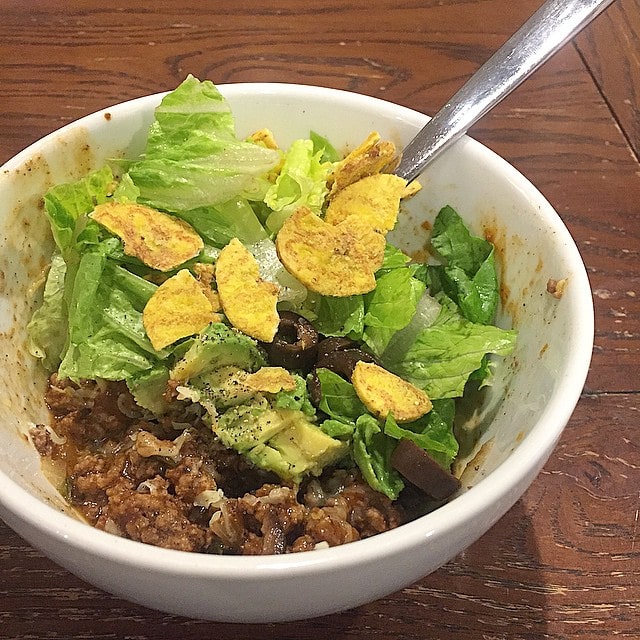 Late_dinner_after_a_long_day__Leftover_enchilada_filling_and_sauce_with_lettuce__olives__plantain_chips__and_avocado.___aageats__paleo__glutenfree__AgainstAllGrain__grainfree