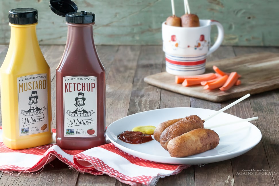 A snack plate of gluten free corn dogs reminiscent of your childhood!