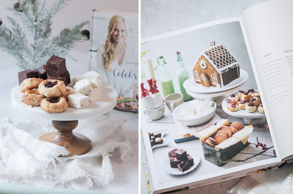 gluten-free homemade marshmallows amongst a variety of treats and a copy of Danielle Walker's book Celebrations