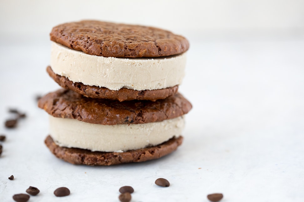 A delectable brownie and coffee ice cream sandwich that is dairy free and paleo.