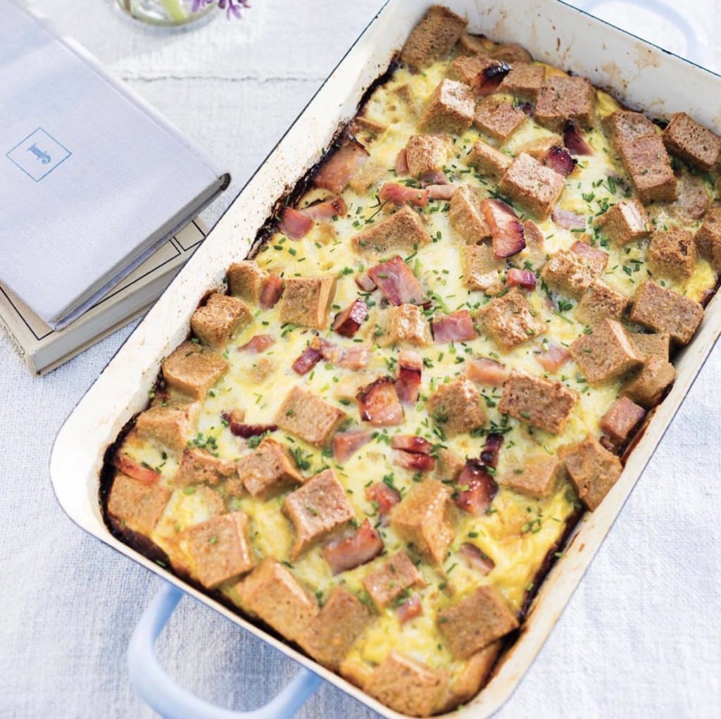 Freshly baked breakfast casserole in a rectangle ceramic dish